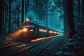 Speeding through the night Train lights create dynamic forest scenery