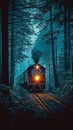 Speeding through the night Train lights create dynamic forest scenery