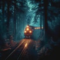 Speeding through the night Train lights create dynamic forest scenery