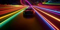 Speeding racing car on neon highway. Powerful acceleration of a supercar on a night track with colorful lights and trails.