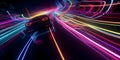Speeding racing car on neon highway. Powerful acceleration of a supercar on a night track with colorful lights and trails. AI