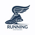 Speeding running shoe symbol, icon, logo. Sneaker silhouette with wings. Vector illustration