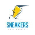Speeding running sport shoe symbol, icon or logo. Label. Sneakers. Creative design. Vector illustration.