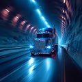 Speeding semi truck emerges from tunnel, symbolizing efficient transportation Royalty Free Stock Photo