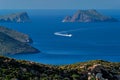 Speeding speed boat catamaran ship in Aegean sea near Milos island in Greece