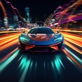 Speeding sport car on neon highway, created with generative AI Royalty Free Stock Photo