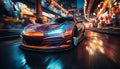 Speeding sports car illuminates the city with its shiny headlights generated by AI