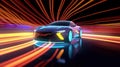 Speeding Sports Car On Neon Highway. Powerful acceleration of a supercar on a night track. Generative AI