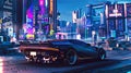 Speeding sports car on a neon-infused city avenue at night. Futuristic vehicle amidst vibrant urban lights. Concept of Royalty Free Stock Photo