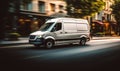 Speeding White Delivery Van in Urban Setting Captures the Fast-Paced Nature of City Logistics and E-commerce Delivery Services