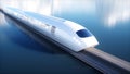 Speedly Futuristic monorail train. Sci fi station. Concept of future. People and robots. Water and wind energy. 3d