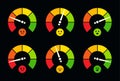 Speedometer, barometer, fuel and petrol gauge logo set. Dial indicator with emoji, dashboard sensor logotype collection