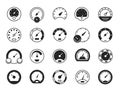 Speedometer black icons. Speed dashboard gauge symbol, flat device upload and download indicator. Vector set