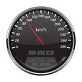 Speedometer. Black speed gauge with metal frame. 90 km per hour