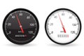 Speedometer. Black and white speed gauge with metal frame. 50 km per hour