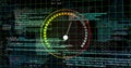 Speedometer and coding data processing image over digital grid background Royalty Free Stock Photo