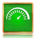 Speedometer gauge icon chalk board green square button slate texture wooden frame concept isolated on white background with shadow