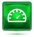 Speedometer gauge icon neon light green square button