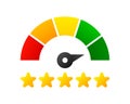 Speedometer, gauge meter icon with stars. Level of performance. Green and red, low and high. Infographic of risk, gauge