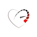 Speedometer in heart icon with arrow speed, RPM logo icon. Racing test and Valentines day sign, emblem. Vector symbol template Royalty Free Stock Photo