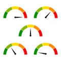 Speedometer icon with arrow. Dashboard with green, yellow, red indicators. Gauge elements of tachometer. Low, medium, high and
