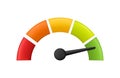 Speedometer icon. 3D meter with arrow for dashboard with green, yellow, red indicators. Gauge of tachometer. Low, medium, high and Royalty Free Stock Photo