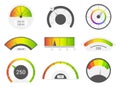 Speedometer icons. Credit score indicators. Speedometer goods gauge rating meter. Level indicator, credit loan scoring
