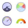 Speedometer icons set cartoon vector. Different type of speedometer