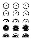 Speedometer icons. Vector speed meter and gauge car dashboard. Line power control indicator set. Dial of outline tachometer, Royalty Free Stock Photo