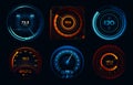 Speedometer indicators. Power meters, fast or slow internet connection speed meter stages vector concept Royalty Free Stock Photo