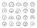 Speedometer line icons. Loading and downloading speed indicator, minimalistic outline tachometer gauge. Vector set