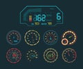 Speedometer neon set. Car speed indicator, colored neon glow on the arrow dashboard, clock, colorful oil and temperature