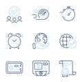 Speedometer, Safe box and Timer icons set. World statistics, Bitcoin atm and Alarm clock signs. Vector