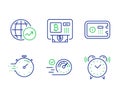 Speedometer, Safe box and Timer icons set. World statistics, Bitcoin atm and Alarm clock signs. Vector