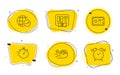 Speedometer, Safe box and Timer icons set. World statistics, Bitcoin atm and Alarm clock signs. Vector
