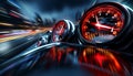 Speedometer scoring high speed in a fast motion blur racetrack background. Speeding Car Background Photo Concept.