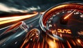 Speedometer scoring high speed in a fast motion blur racetrack background.