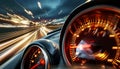 Speedometer scoring high speed in a fast motion blur racetrack background. Royalty Free Stock Photo
