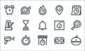 Speedometer and time line icons. linear set. quality vector line set such as kitchen timer, finish line, speed radar, clock,