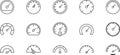 Speedometer vector thin line icons set. Dashboard, indicator, gauge, scale, tachometer icon isolated. Car speed. Fast internet