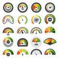 Speedometers collection. Symbols of speed score measuring tachometer level indices vector collection