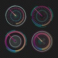 Speedometers for dashboard. Measuring speed analog indicator device. Set of isolated futuristic speedometer, technology gauge.