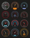 Speedometers glowing transport speed limit control dashboard set vector illustration