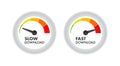 Speedometers with slow and fast download. Vector stock illustration.