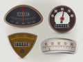 Speedometers, speed gauges realistic vector illustrations set. Retro vehicles round, triangular indicators with odometer