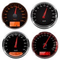 Speedometers and tachometers. Car dashboard black gauges with chrome frame