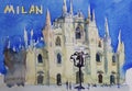 Speedpaind watercolor art postcard of Milan Dome Duomo, Lombardi