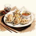 Speedpainting Of Delicious Dumplings With Soup And Chopsticks