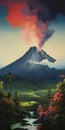 Ethereal Illustration Of A Tropical Mountain With Volcano