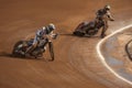 Speedway riders compete on track in Pardubice, Czech Republic.